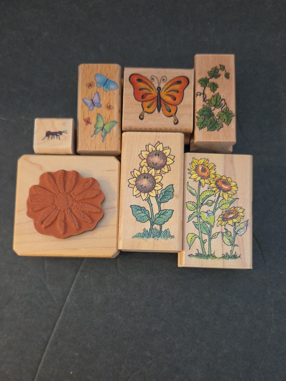 Wooden Nature Stamp Set - Sunflower & Butterfly Designs - 8 Stamps